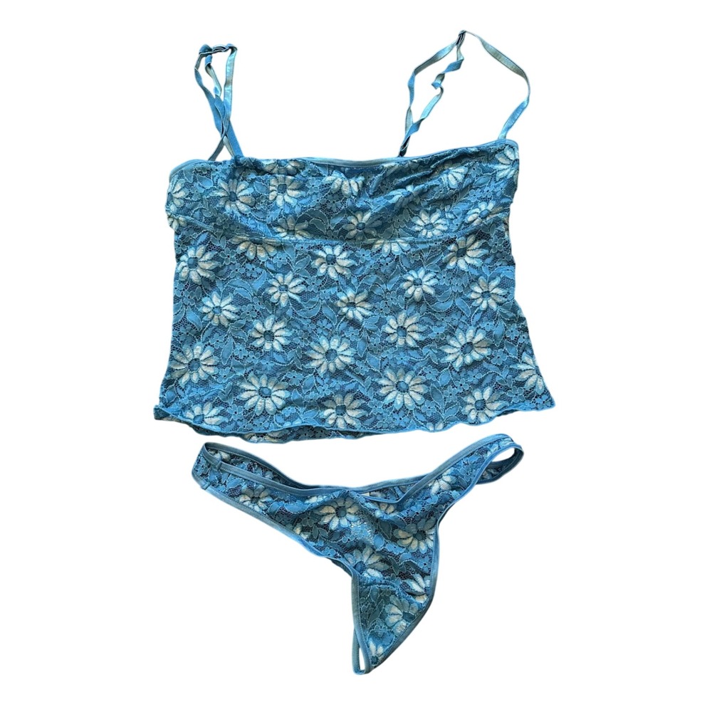 Felina Lingerie Set Womens Small Blue Floral Daisy Lace Cami Thong Y2K Coquette